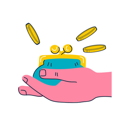 Hand holding wallet or purse in hand, flat cartoon vector illustration isolated on white background....