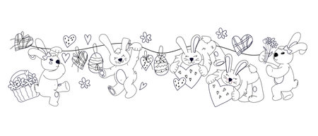 Kids coloring book page design with cute Easter bunnies or rabbits and easter egg for coloring book design, hand drawn doodle kawaii style, vector illustration isolated on white background.のイラスト素材