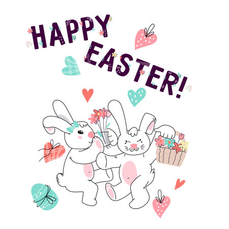 Easter greeting card with cute rabbits characters, hand drawn doodle kawaii vector illustration. Happy Easter card or poster template with bunnies and easter eggs.のイラスト素材