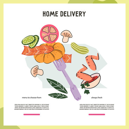 Takeaway and ready meals home delivery banner or poster template. Ready meals service banner for web and social networks, hand drawn flat vector illustration.のイラスト素材
