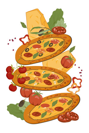 Pizza banner or poster layout, logo or signboard design element with Italian cheese and fresh vegetables, flat vector illustration isolated. Pizza restaurant and Italian cuisine background.のイラスト素材
