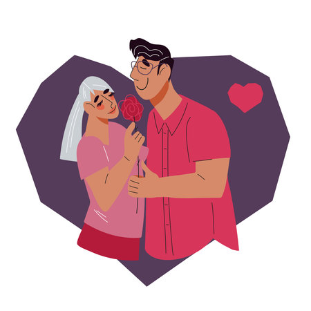 Romantic couple at heart background for Valentines day banners and greeting cards, flat vector illustration isolated on white. people in love. Man and woman standing hugging.のイラスト素材