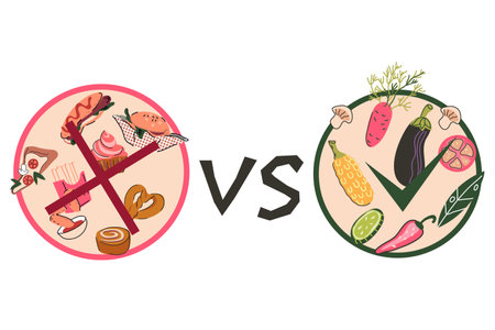 Healthy VS unhealthy food, food choice and diet or nutrition plan concept, hand drawn flat vector Illustration on white background. Concept of healthy eating.のイラスト素材
