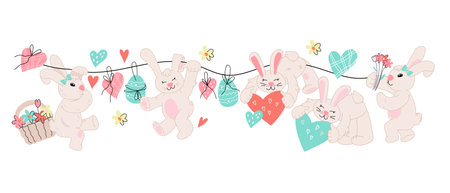 Easter bunnies characters in cute kawaii style, flat vector illustration isolated on white. Funny hand drawn rabbits with easter eggs and flowers for holiday cards.のイラスト素材