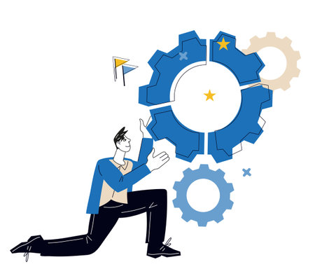 Businessman with gear wheels as a metaphor for business efforts, optimization and business process coherence, flat vector illustration isolated on white background. productivity and efficiency.のイラスト素材