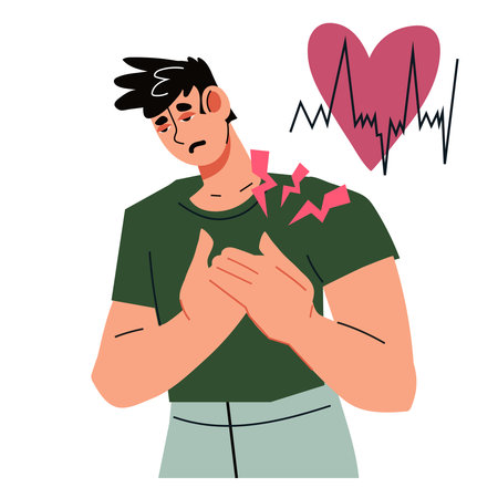 Man with heart pain pressing his hands to chest, flat vector illustration Isolated on white background. Health problems and heart disease. Heart attack or stroke symptoms, heartache.のイラスト素材