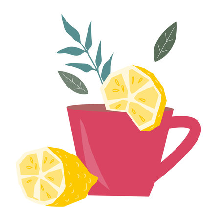 Cup of tea with slice of lemon hand drawn vector illustration isolated on white background. Citrus organic lemon ingredient for vitamin tea drink brewing. Natural remedy for cold and flu.のイラスト素材