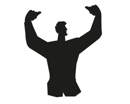 Black outline silhouette of strong man or fighter demonstrates muscular strength and super power, vector illustration isolated on white background. Brave and purposeful man silhouette.のイラスト素材