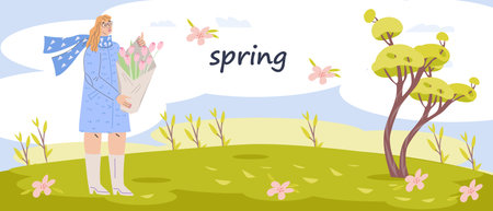 Woman with flowers walking in spring meadow with blooming lilac bushes and flowers, flat vector illustration. Seasonal spring background design. outdoor stroll.のイラスト素材