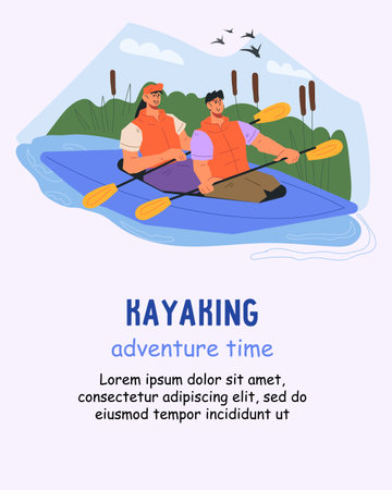 Kayaking sport and adventure banner or poster background, flat cartoon vector illustration. Tourism on kayak or canoe boat. Advertising banner or flyer mockup.のイラスト素材
