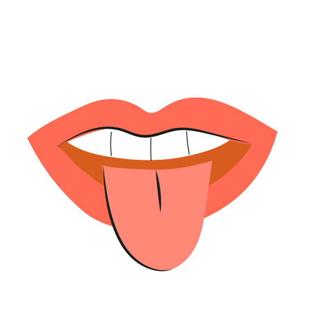 Lips with tongue, flat vector illustration isolated on white background. T-shirt for youth fashion and textile print. Rock-n-roll funny symbol.のイラスト素材
