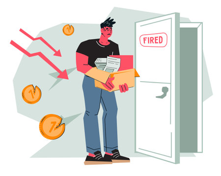 Layoffs and firing concept with dismissed employee, flat cartoon vector illustration isolated on white background. Dismissed upset office worker. Dismissal and unemployment.のイラスト素材