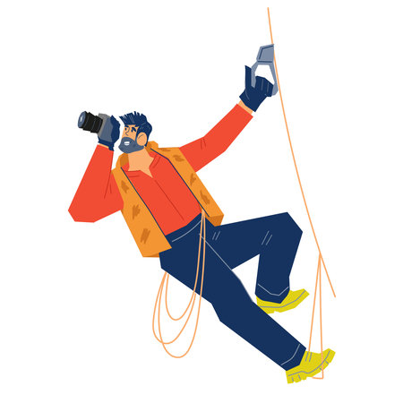 Climber or alpinist with climbing equipment and camera, flat cartoon vector illustration isolated on white background. Mountaineering and climbing sport.のイラスト素材