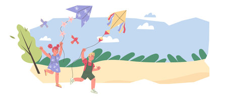 Happy children flying a kite, flat vector illustration in flat style isolated on white background. Kids outdoor activities and fun. Summer vacation and happy childhood concept.のイラスト素材