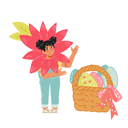 Child in carnival costume of flower with Easter eggs, flat vector illustration isolated on white background. Easter holiday character, cute girl character.のイラスト素材