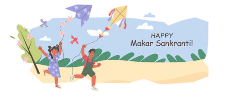 Indian festival Makar Sankranti poster or greeting banner design with kids flying kites in the sky, flat cartoon vector illustration isolated on white background.のイラスト素材