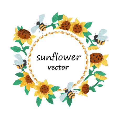 Circle border or frame design with sunflowers for summer cards and food packs design, flat hand drawn vector illustration isolated on white background.のイラスト素材
