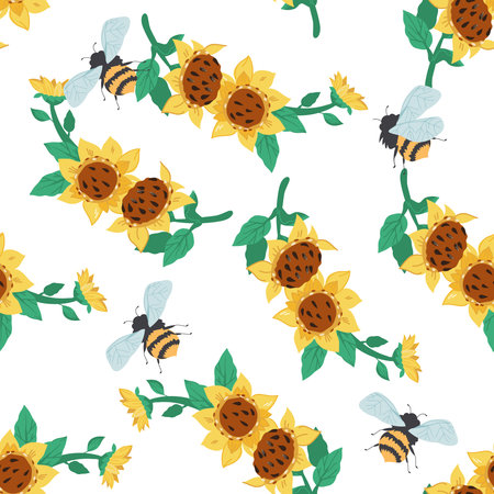 Sunflowers and bees seamless pattern summer design, flat hand drawn vector illustration. Sunflowers endless pattern for fabric and prints design.のイラスト素材