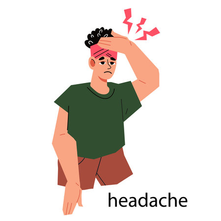 Head pain and chronic migraine, flat cartoon vector illustration isolated on white background. Woman with headache. Diseases of the brain and blood vessels. Premenstrual syndrome symptoms.のイラスト素材