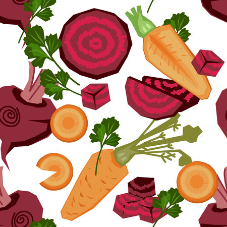 Vegetable seamless pattern design with beet and carrot for kitchen utensils and food wrapping. Beetroot and carrot seamless pattern design for design of kitchen textiles, flat vector illustration.のイラスト素材