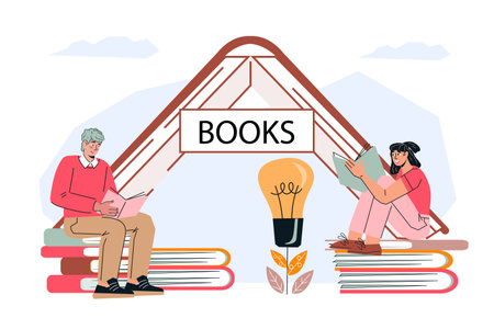 People reading books - banner for books festival or library, educational projects, flat cartoon vector illustration isolated on white background. Education and reading books concept.のイラスト素材