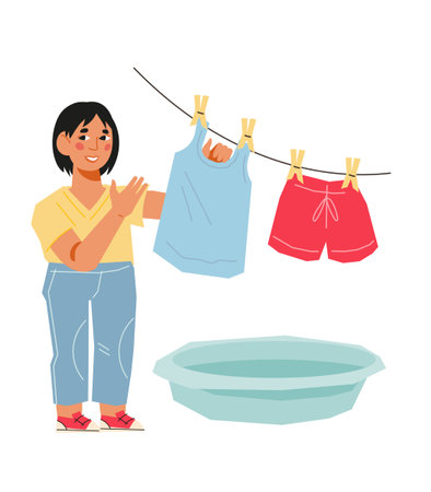 Child girl helps with housework and laundry, flat cartoon vector illustration isolated on white background. Kids housework help and household chores at home.のイラスト素材