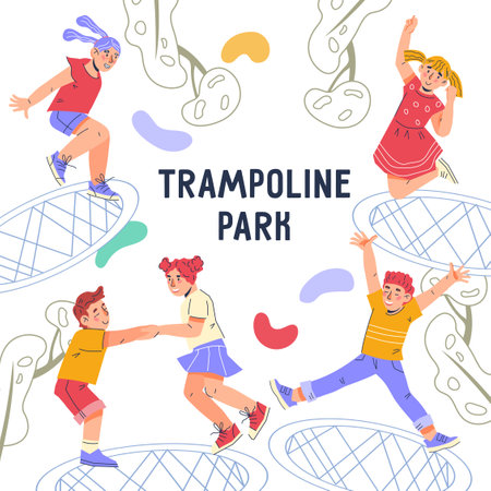 Trampoline park banner or advertising poster with jumping kids, hand drawn vector illustration. Trampoline park bouncing entertainment area flyer or banner design.のイラスト素材