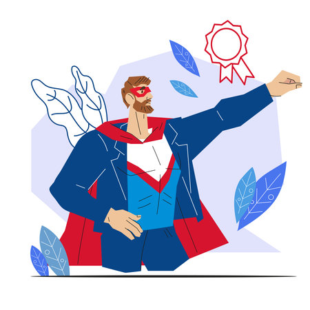 Successful and purposeful businessman superhero and leader, flat vector illustration isolated on white background. Business initiative and motivation to achieve goals, leadership determination.のイラスト素材