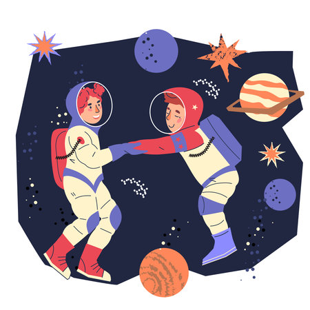 Banner for astronomy education and space adventure topic for children, vector isolated. Space decorative backdrop with kids little astronauts.のイラスト素材