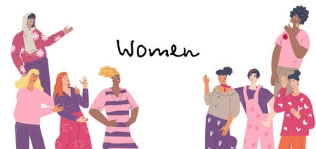 Banner with multiracial multiethnic group of women, flat vector illustration isolated on white. Diversity and equality concept, feminism and womens rights.のイラスト素材