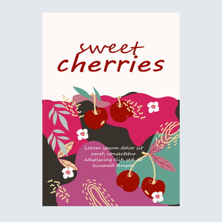 Cherry label or badge backdrop template for food or cosmetic packaging. Banner or sticker with cherry berries, colorful hand drawn vector illustration.のイラスト素材