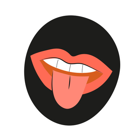 Open women lips with tongue, flat vector illustration isolated on white background. T-shirt fashion and textile print design.のイラスト素材