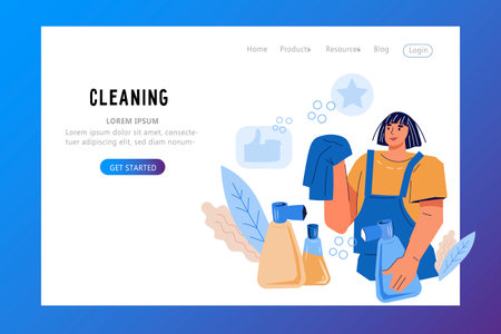Cleaning service website banner or landing page template, flat vector illustration. Cleaning service web banner design template with janitor characters.のイラスト素材