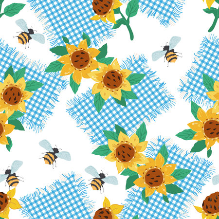 Seamless pattern background in rustic style with sunflowers. Seamless floral pattern or textile print design with sunflowers and patches of checked fabric, flat vector illustration.のイラスト素材