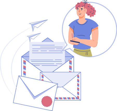 Business mail and social media promotion, flat vector illustration isolated on white background. New email message notification banner, sms marketing.のイラスト素材