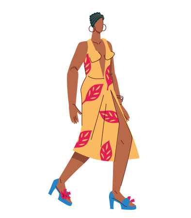 Fashion beautiful well-dressed woman or fashion models, flat vector illustration isolated on white. Woman in summer dress, fashion show or street style concept.のイラスト素材