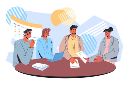 Business team brainstorming or partners negotiations at desk flat vector illustration isolated on white background. Business people characters for teamwork and negotiation theme.のイラスト素材