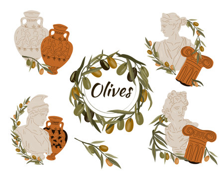 Olive tree branches with ancient marble statues, set of vector illustrations isolated on white background. Design elements for olive oil, food and natural cosmetics.のイラスト素材