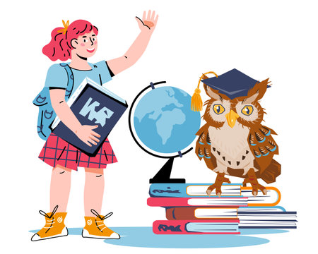 Education and back to school concept, design of timetable of lessons and diploma with student girl and owl sitting on books with globe, flat vector illustration isolated on white background.のイラスト素材