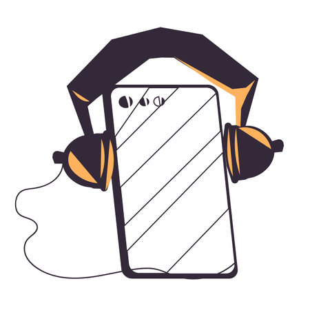 Emblem or logo for audio podcast or music app with phone and earphones, flat cartoon vector illustration isolated on white. Podcast advertising banner or poster for social media.のイラスト素材