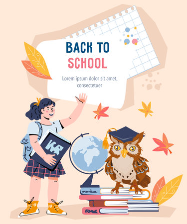 Back to school banner concept with schoolgirl and owl sitting on books with globe, flat cartoon vector illustration. Back to school banner or poster for social media.のイラスト素材