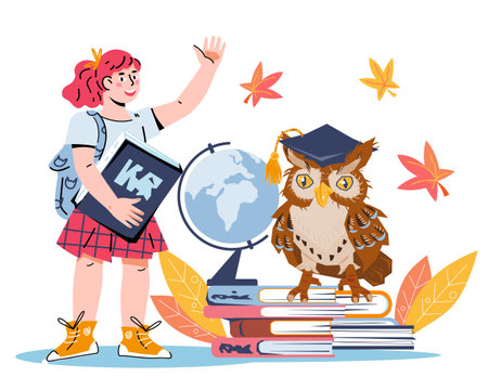 Education and back to school concept with schoolgirl and owl sitting on books with globe, flat cartoon vector illustration isolated on white background.のイラスト素材