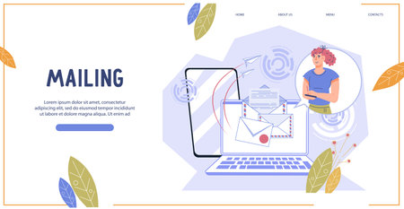 Sms marketing and business mailing promotion campaign concept for website. Business mail and social media promotion web banner template, flat vector illustration isolated on white background.のイラスト素材
