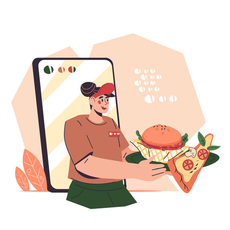 Ready meal ordering banner design with fast food or take away restaurant worker, flat cartoon vector illustration isolated on white background. Ordering take away food online concept.のイラスト素材