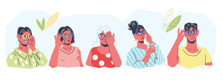 People try on glasses in an optics store, flat vector illustration isolated on white background. Optics and optometry, vision correction and fashion eyewear concept.のイラスト素材