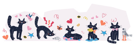 Funny black cat sleeping, playing and hunting, pet character for veterinary and pet care. Adorable cats in row with decorative elements, flat vector illustration isolated on white background.のイラスト素材