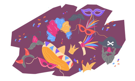 Carnival decorative background flat vector illustration isolated on background. Purim or brazilian carnival, mardi gras festival design element.のイラスト素材