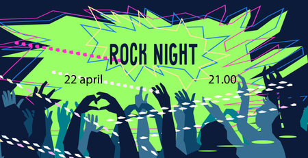 Poster or banner for rock concert or music festival. Background with crowd of people at rock festival, flat vector illustration. Background for music show or concert.のイラスト素材