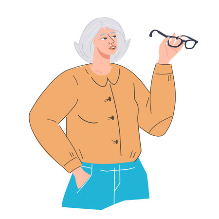 Elderly woman of retirement age thinks, makes a decision or choice, flat vector illustration isolated. Senior confused thoughtful female character.のイラスト素材