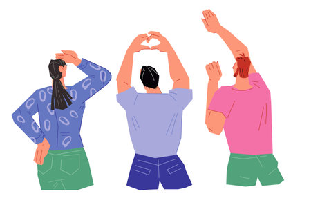 Rear view of group of people watching and pointing at something. People stand back and watch, observe a situation or event from a distance, flat vector illustration isolated on white background.のイラスト素材